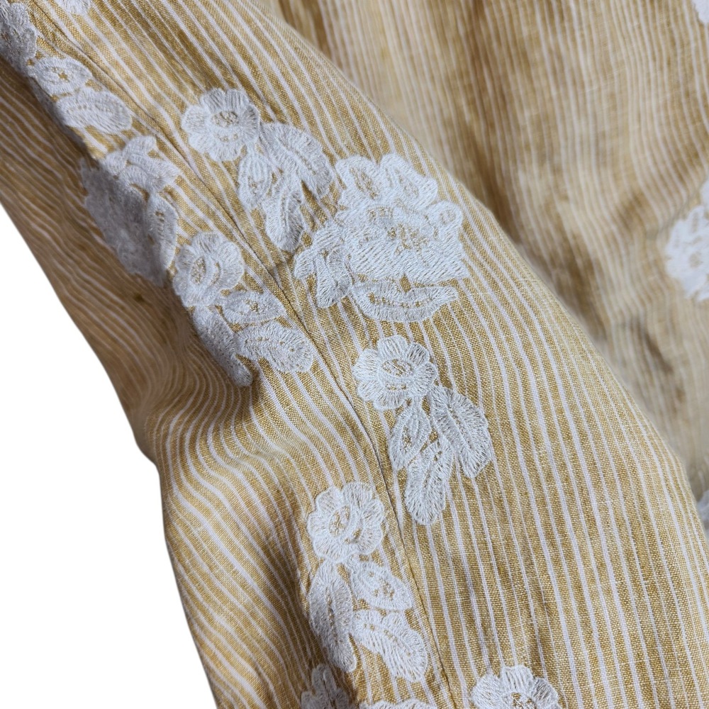 Anthropologie Size Large 100% Linen Yellow Stripe White Embroidered Pants Crop - Picture 4 of 13